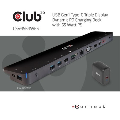 Club3D dokovací stanice USB-C 3.2 s napájecím adaptérem Triple Dynamic PD, 65 W